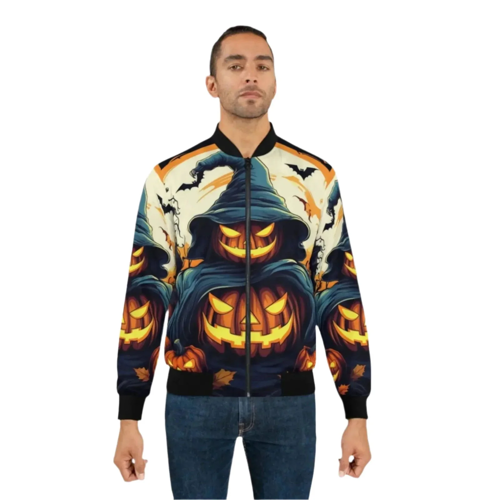 Halloween Jack O' Lantern Unisex Bomber Jacket - Festive Apparel - Image 3